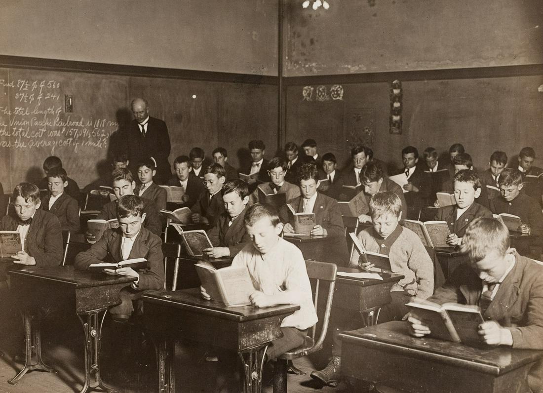 LEWIS HINE Vintage Immigrants Boston 1908: LEWIS HINE, Immigrants at Night School, Boston, Mass., 1909, 4.375x6", gelatin silver print, printed c. 1909. Inscribed in pencil on print verso: 885 / N. 885 / Chapter XVI - Night School / for boys; 