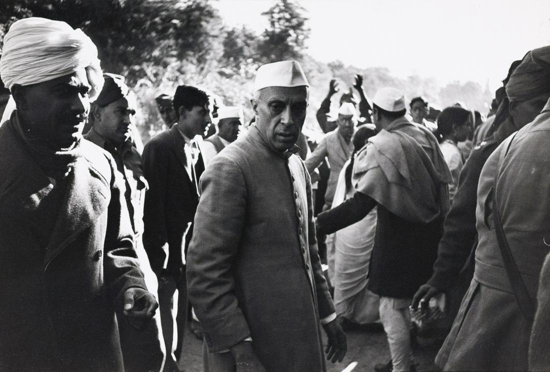 HENRI CARTIER-BRESSON Nehru Day after Gandhi Died 1948: HENRI CARTIER-BRESSON, The Prime Minister, Jawaharlal Nehru the morning after Gandhi died, Birla House, Delhi, artist's stamp verso, 1948, 6.5x9.75" gelatin silver print, printed later. Inscribed in b
