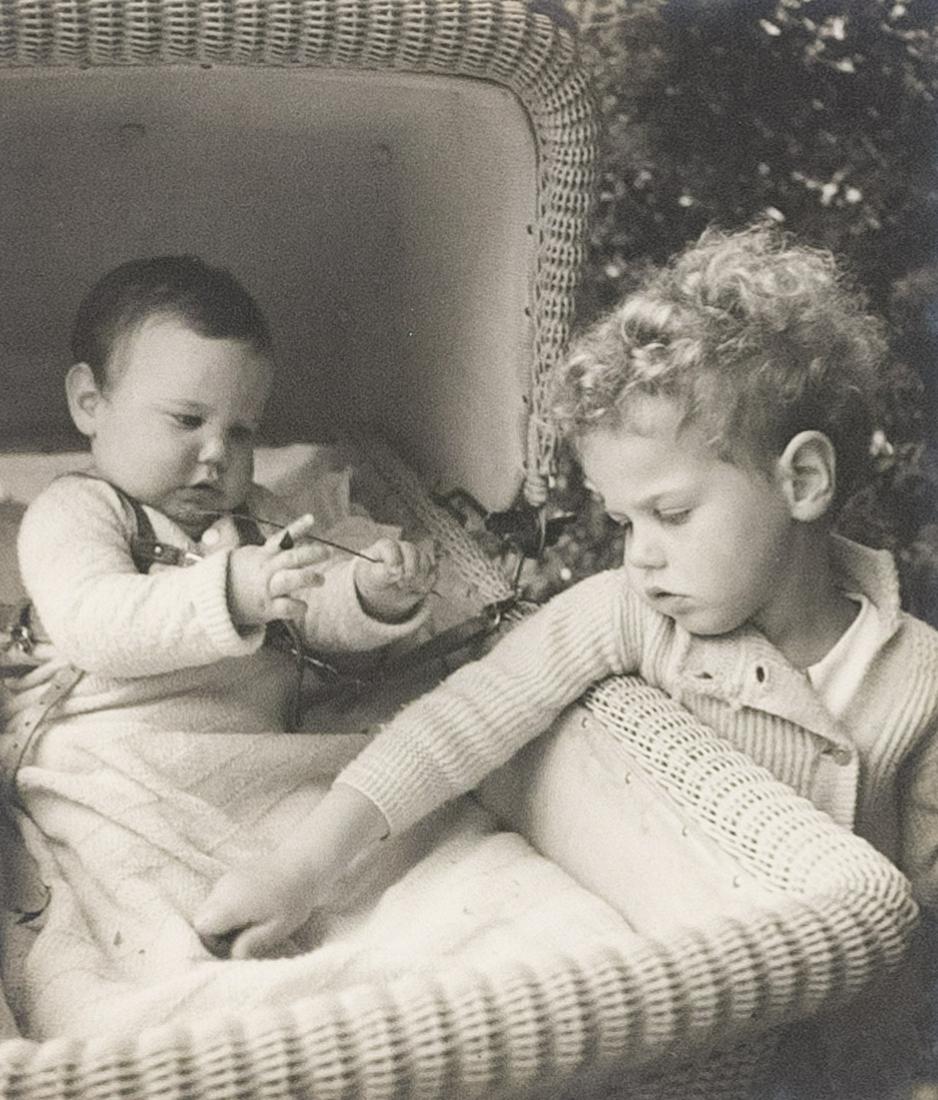 DOROTHEA LANGE Jon & Ben Elkins 1935 signed vintage: DOROTHEA LANGE, Jon and Ben Elkins, San Francisco, signed, 1935, 4.125x3.5" gelatin silver print, printed c. 1935. Signed and dated 1935 in pencil on mount recto below print, inscribed in pencil on mo