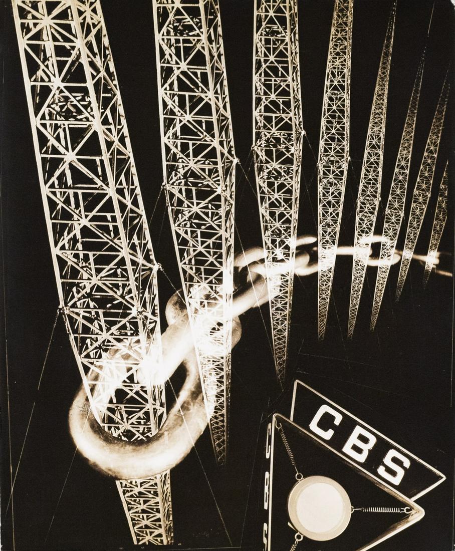 ANTON BRUEHL Vintage Lights & Towers abstraction: ANTON BRUEHL, Columbia Broadcasting Station (composite print), c. 1935, 9.75x8", gelatin silver print, printed c. 1940s. Signed and titled Columbia Broadcasting Station George Bifur [Artg.?] Agency in