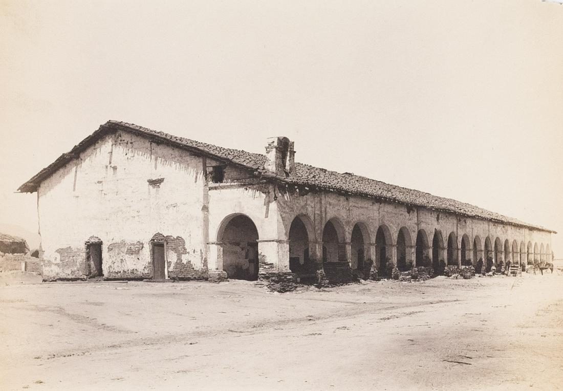 ADAM CLARK VROMAN Mission San Fernando CA salt print: ADAM CLARK VROMAN, Mission San Fernando Rey de Espama, 1900, 6.5x9.5", salt print, printed c. 1900. Inscribed in pencil on print verso: 30 / 4. Many photographers around 1900 became interested in the