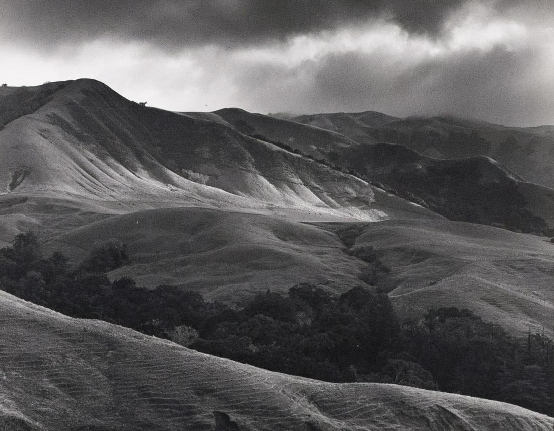 2 STEVE CROUCH Sierra Club Work No Man Apart 1969: 1. STEVE CROUCH, Early Morning, Big Sur [Hills], c. 1970s, 6.75x8.5" gelatin silver print, Printed c. 1970s, signed in pencil on mount recto below print; inscribed in pencil: 16 photographer's copyrig