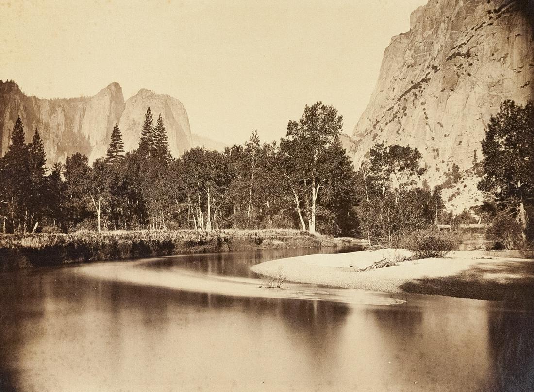 CARLETON WATKINS 1861 Mammoth Plate Albumen: CARLETON WATKINS, View From Camp Grove, Yosemite , 1861, 15.8x20.4" albumen print, Printed c. 1870. In 1861 Watkins made his first award-winning mammoth plates in Yosemite. His earliest prints have a 