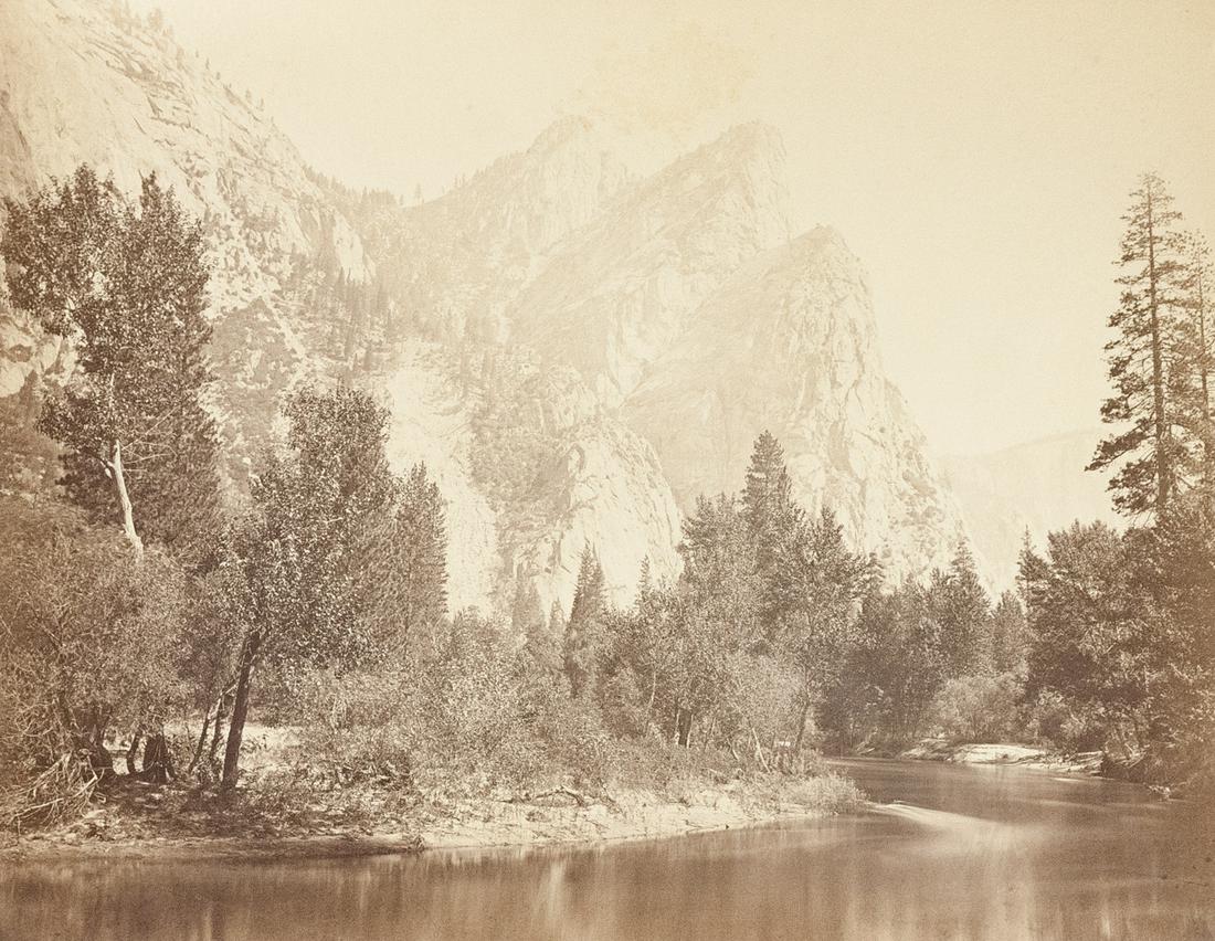 CARLETON WATKINS Three Brothers Yosemite 1861 Mammoth: CARLETON WATKINS, The Three Brothers, Yosemite, 1861, 16.1x20.5" albumen print, Printed c. 1870. In 1861 Watkins made his first award-winning mammoth plates in Yosemite. His earliest prints have a rou