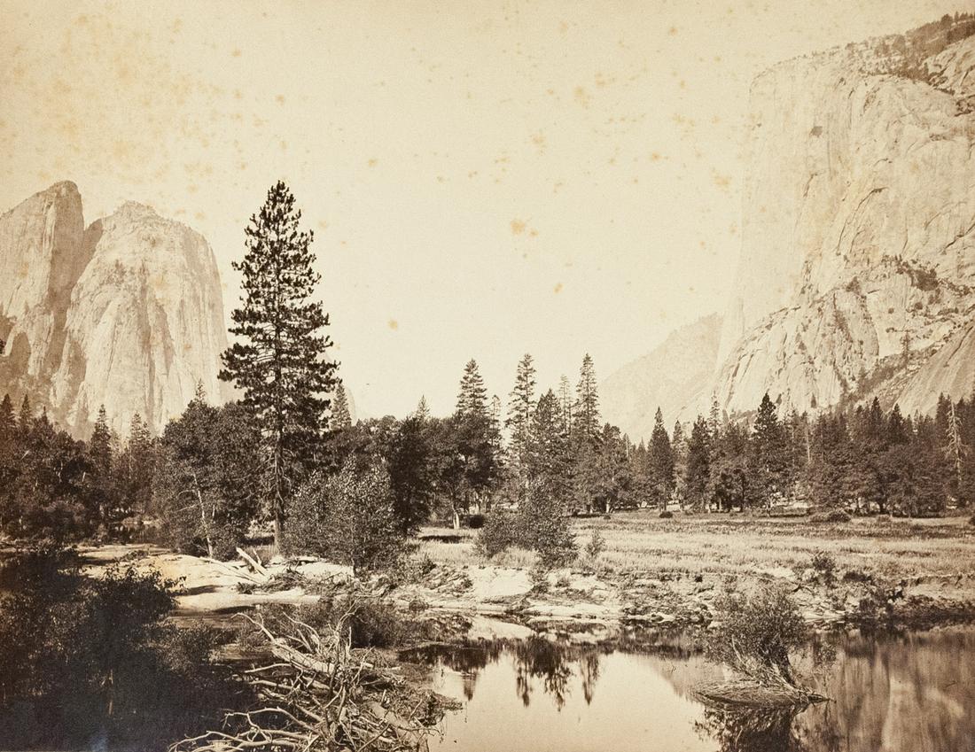 CARLETON WATKINS Yosemite Valley 1866 Mammoth: CARLETON WATKINS, View Down Yosemite Valley from Ferry Bend, 1865-66, 15.5x20.5" albumen print, Printed c. 1870. Here Watkins emphasizes the large trees in relation to the valley formations. Naef and 