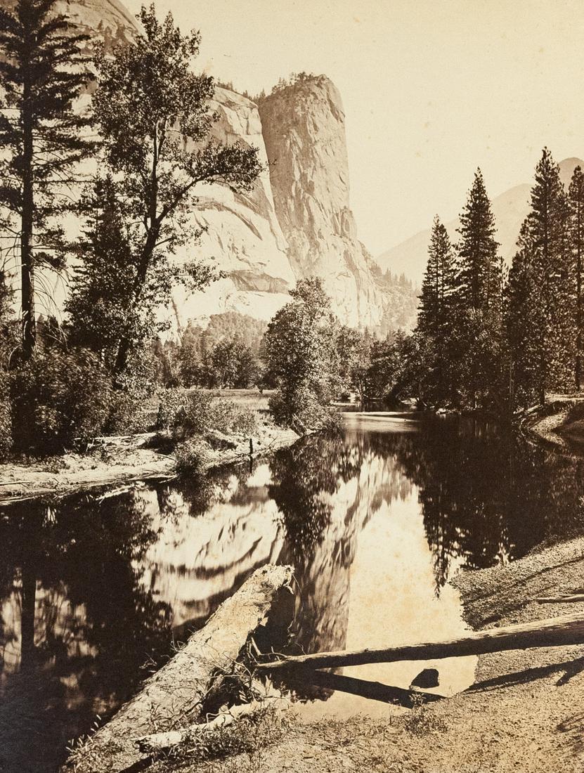 CARLETON WATKINS Yosemite Mammoth Albumen 1878: CARLETON WATKINS, Washington Column Yosemite [Reflected], 1878-81, 20.5x15.6" albumen print, Printed c. 1881. This is from Carleton Watkins's new series, taken after he lost his studio in bankruptcy. 