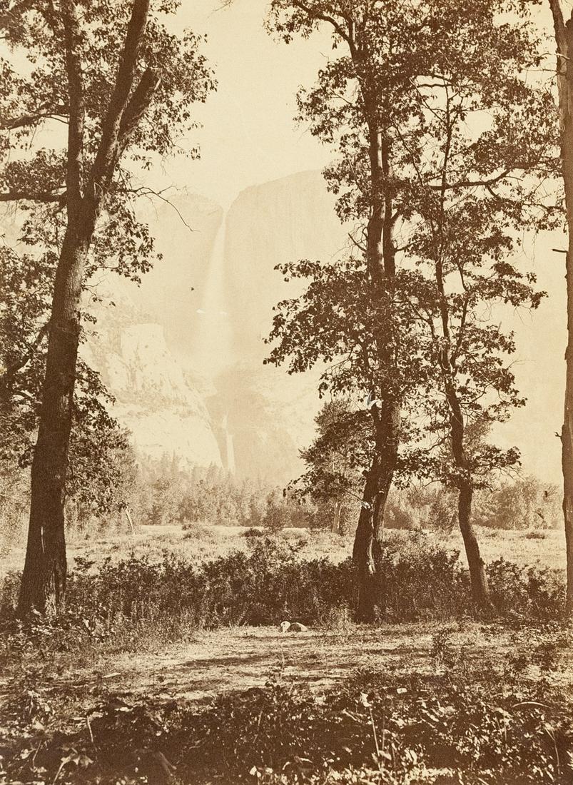 CARLETON WATKINS Yosemite Falls Mammoth: CARLETON WATKINS, Yosemite Falls, 1865-66, 20.5x15.1" albumen print, Printed c. 1870. A classic balanced composition using trees to frame the falls; Watkins was the master of this pleasing style of co