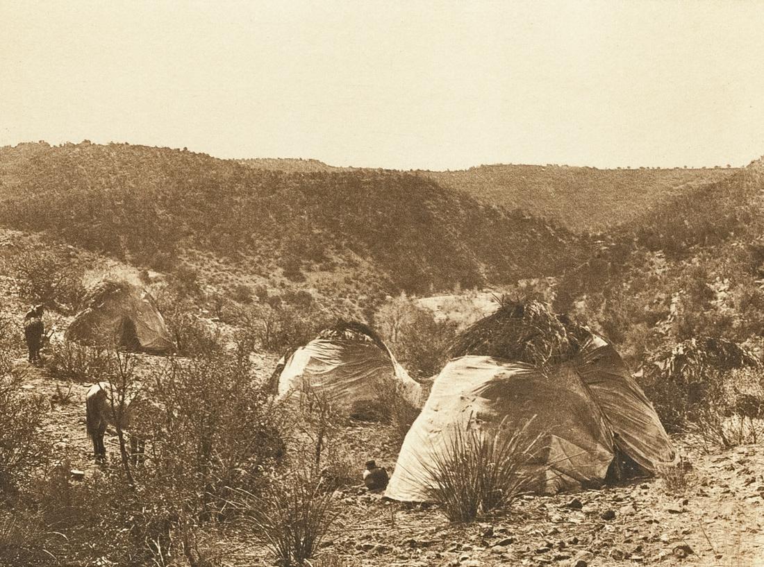 4 EDWARD CURTIS Apache & Navaho Dwellings 1903: 1. EDWARD CURTIS, Mescal Camp - Apache, 1903, 5.5X7.5" photogravure on Holland Van Gelder Paper from Volume I of The North American Indian (Navaho & Apache, Printed 1906, title and credit printed on m