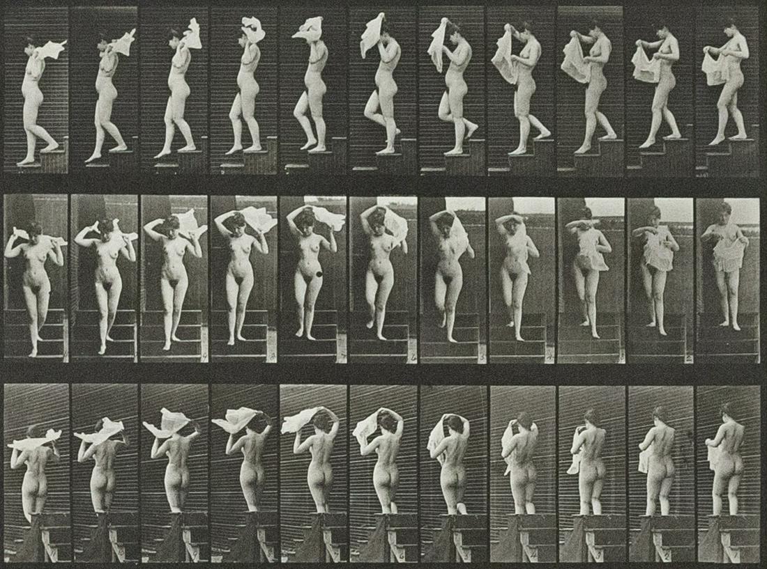 EADWEARD MUYBRIDGE Woman Descends Stairs Locomotion: EADWEARD MUYBRIDGE, Woman descending chairs, Animal Locomotion: An Electro-Photographic Investigation of Consecutive Phases of Animal Movements, 1872-85 Plate 133 Author's Edition, 1872-1885, 9x12" co