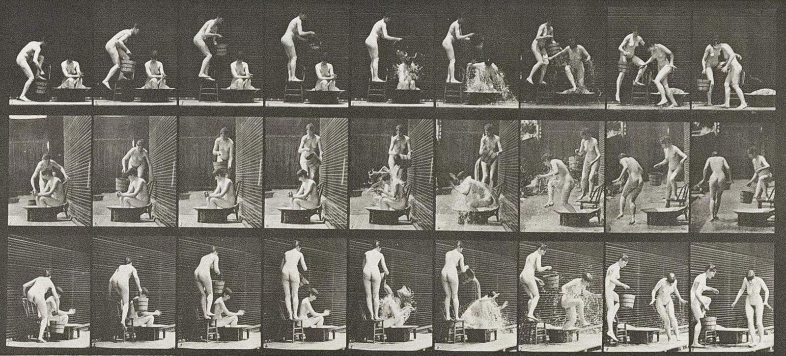 EADWEARD MUYBRIDGE Woman Pours Bucket of Water: EADWEARD MUYBRIDGE, Standing Woman pouring bucket of water on sitting woman Animal Locomotion: An Electro-Photographic Investigation of Consecutive Phases of Animal Movements, 1872-85 Plate 408 Author