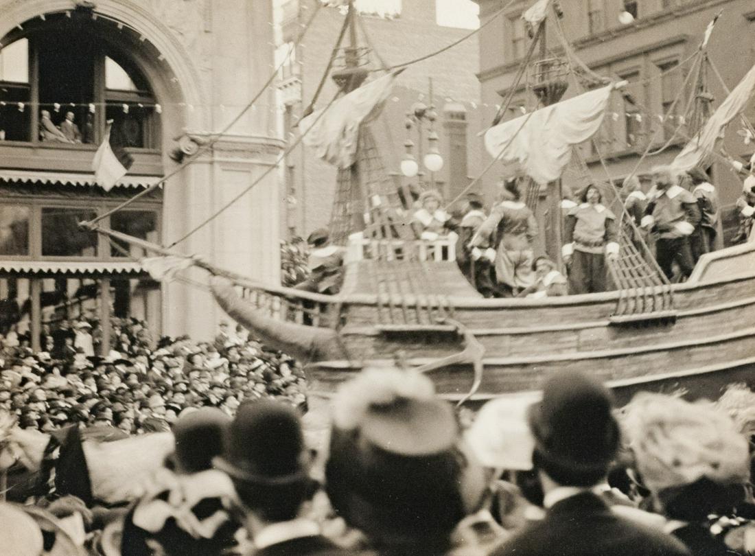 KARL STRUSS Parade, Crowd, Ship NY 1911: KARL STRUSS, Theater on Ship, Parade, NY, c. 1911, 2.7x3.7" gelatin silver print, Printed c. 1911, stamped in blue ink on recto: PHOTOGRAPHED BY KARL STRUSS HOLLYWOOD, CALIFORNIA; inscribed in pencil: