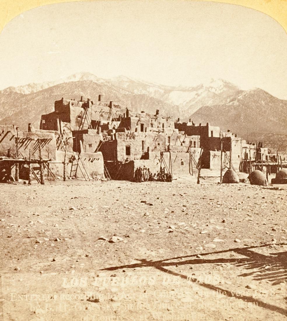 2 TAOS PUEBLO Classic Views 1890: 1. B.H. GURNSEY, No. 200 The Pueblo of Taos, ca. 1880, 4x7" albumen stereo card, Rocky Mountain Views No. 200 The Pueblos of Taos sticker verso. 2. DANA B. CHASE, No. 131. Taos Pueblo, ca. 1890, 5x8" 