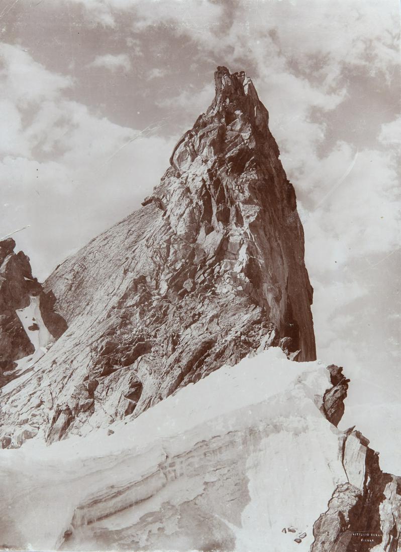AIGUILLE DE LA TSA/ZA Modernist: VITTORIO SELLA. Aiguille de la Za, from its base, c. 1879-1892, Sella number AIV 272. 22.2x16.2" collodion print, printed c. 1893, flush mounted on thin board, mounted on 18x23 7/8" grey board. Inscri