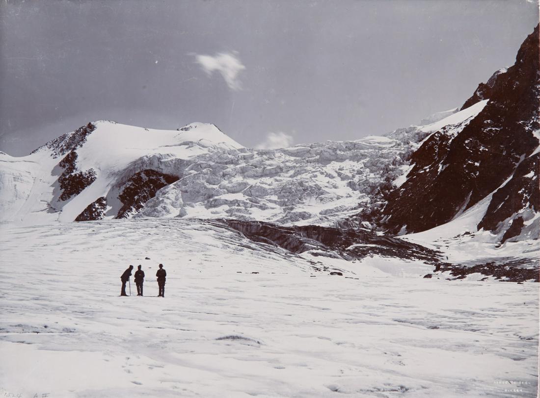 MOUNTAIN EXPLORERS High in the Alps 1880s: VITTORIO SELLA. Valsorey Glacier, c. 1879-1892, Sella number AIV 1524. 11.3x15.2" collodion print, printed c. 1893, flush mounted on thin board, mounted on 16 1/2x12 7/8" grey board. Inscribed in ink 