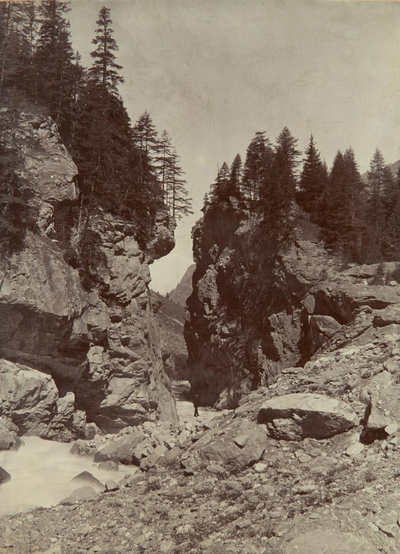 3 VIEWS Val de Bagnes Lower Alps Valleys: 1. VITTORIO SELLA. Gorge between Mauvoisin and Bagnes, Bagnes Valley, c. 1879-1892, Sella number AIV 1540. 11.4x15.4" collodion print, printed c. 1893, mounted on 16 1/8x11 7/8" heavy brown board. Ins
