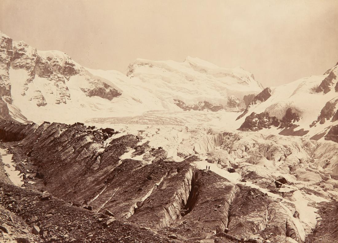 2 PASTURES & GLACIERS GRAND COMBIN 1880s: 1. VITTORIO SELLA. Grand Comvin and Combin De Corbassiere, from the right moraine of Corbassiere Glacier, at 8,337 feet, c. 1879-1892, Sella number AIV 1546. 11.1x15.3" collodion print, printed c. 189