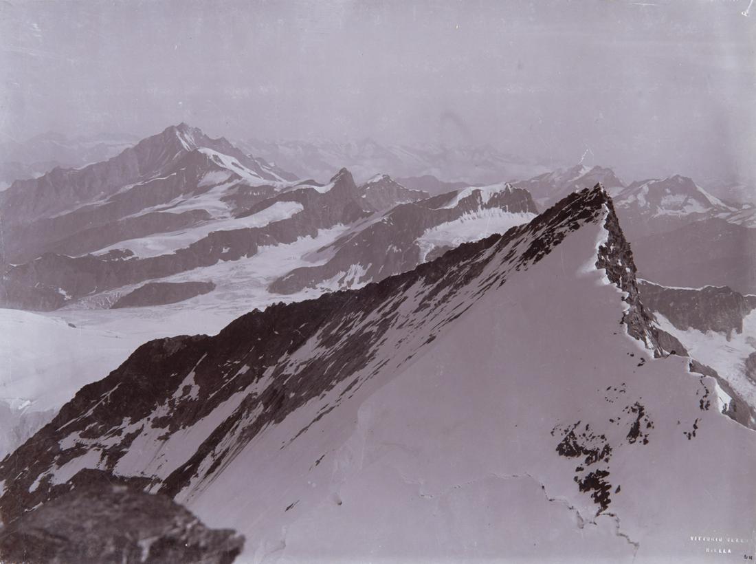 2 SPECTACULAR VIEWS Summits, Ranges: 1. VITTORIO SELLA. Mischabelhorner, Nordend, c. 1879-1892, Sella number AVII 411. 11.2x15" collodion print, printed c. 1893, flush mounted on thin board, mounted on 12.8x16.5" grey board. Inscribed in
