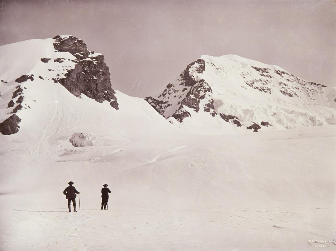 HIKING at 11,000 feet Swiss Oberland: 1. VITTORIO SELLA. Monch, from the Jungfraujoch at 11,152 feet, c. 1879-1892, Sella number AIX 207. 11.2x15" collodion print, printed c. 1893, mounted on 12.3x16.3" brown board. Inscribed in ink on mo