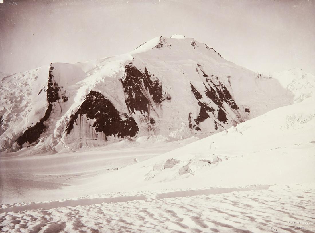 GLORIOUS ALPINE PEAKS Aletschhorn & Jungfrau: 1. VITTORIO SELLA. Aletschhorn, from the Great Aletsch firn, c. 1879-1892, Sella number AIX 246. 11.1x15" collodion print, printed c. 1893, mounted on 12x16.4" brown board. Inscribed in ink on mount r