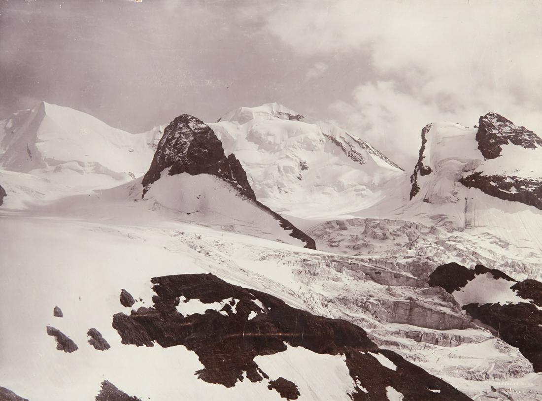 3 VIEWS Blumlisalphorn & Oeschinen Lake Bernese Alps: 1. VITTORIO SELLA. Blumlisalphorn, Weisse Frai, Blumlisalpstock from the Hohthurli at 8,880 feet, c. 1879-1892, Sella number AIX 1559. 11.3x15.2" collodion print, printed c. 1893, mounted on 11.3x15.2