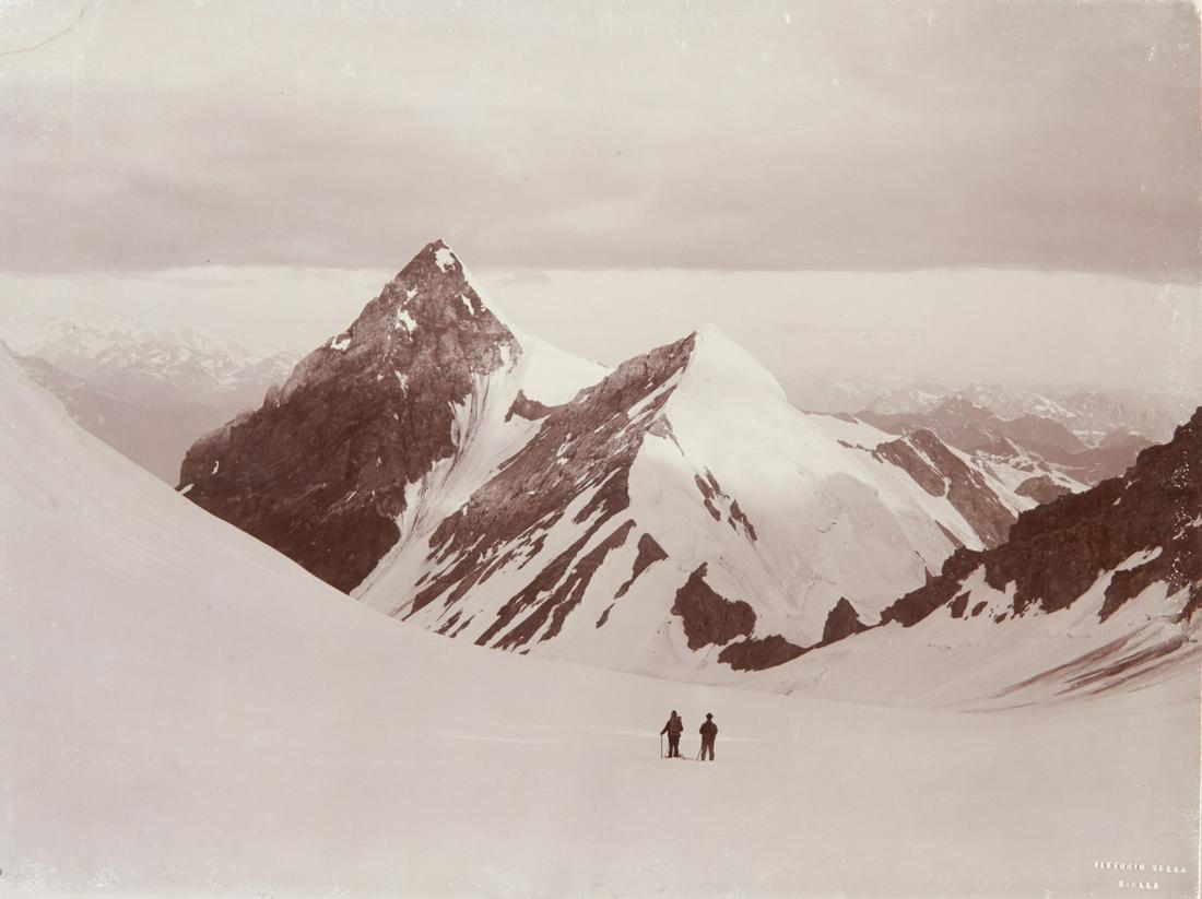 2 HIKING AT 11,000 FT Italian Alps Splendid: 1. VITTORIO SELLA. Highest summit of Piz Roseg, c. 1879-1892, Sella number AX 337. 10.2x14.8" collodion print, printed c. 1893, mounted on 16 1/8x12 1/8" heavy brown board. Inscribed in ink on mount r