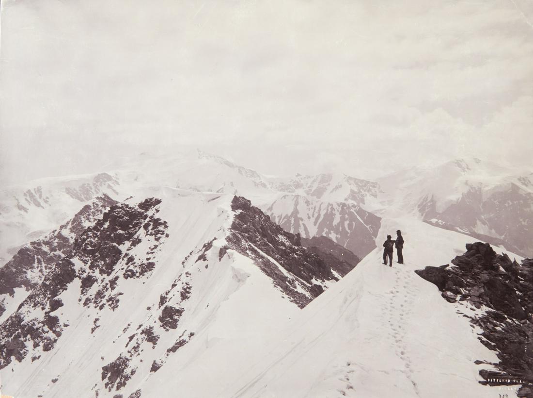 SPECTACULAR Climbers on Monte Cevedale: VITTORIO SELLA. Monte Cevedale, from Cima del Forno, 10,700 feet, c. 1879-1892, Sella number AX 352. 11.2x15" collodion print, printed c. 1893, flush mounted on thin board, mounted on 15 7/8x12 1/8" h