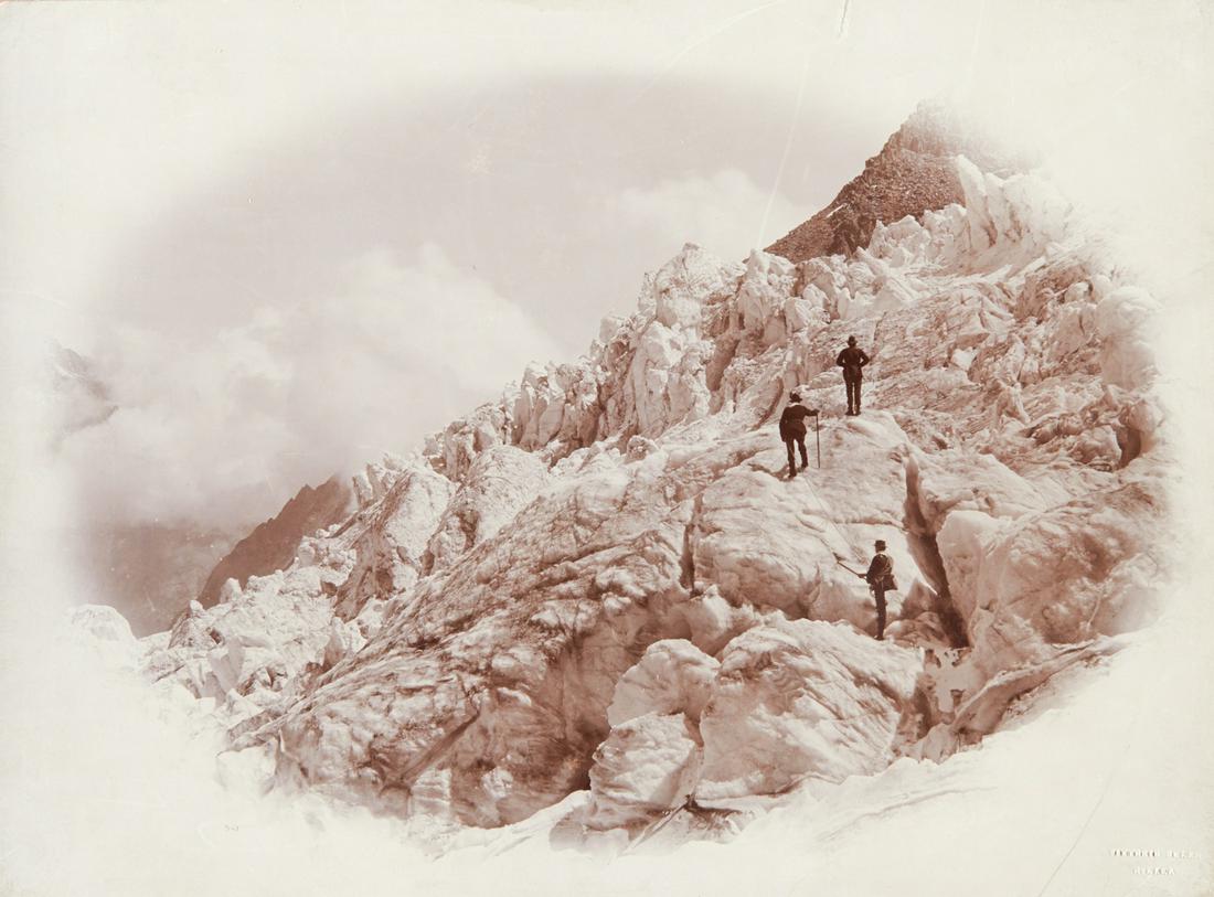 CLIMBERS ON SERACS of Madrone Glacier Italy: VITTORIO SELLA. Seracs of Madrone Glacier, c. 1879-1892, Sella number AXI 942. 11.4x15.4" collodion print, printed c. 1893, mounted on 16 1/2x12 1/8" heavy brown board. Inscribed in ink on mount recto
