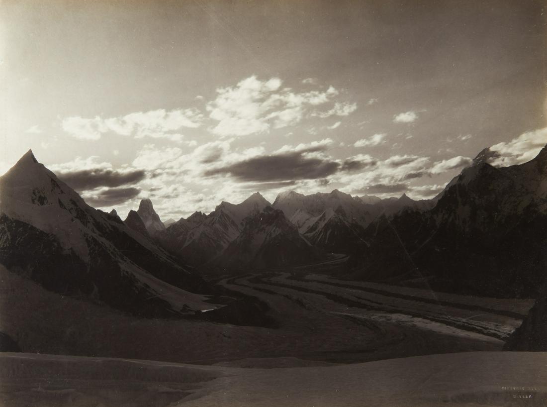 HIMALAYAS SUNSET Over Baltoro Peaks 1909 Sublime: VITTORIO SELLA. Mustagh [sic] Tower, Mitre Peak etc. at sunset from Camp XII sunset over Baltoro Peaks, 1909, Sella number HK SC1002. 11.4x15.3" gelatin silver print, printed c. 1909, mounted on 14x18