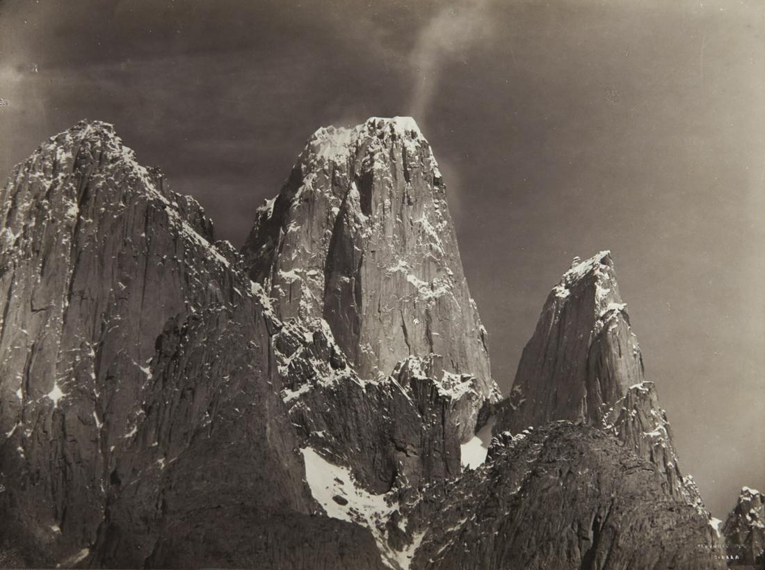 VITTORIO SELLA Towers on Baltoro Glacier 1909 : VITTORIO SELLA. Towers on the right side of Baltoro glacier, 1909, Sella number HK SC1006. 11.4x15.3" gelatin silver print, printed c. 1909; mounted on 14x18" heavy gray board. Inscribed in white ink 