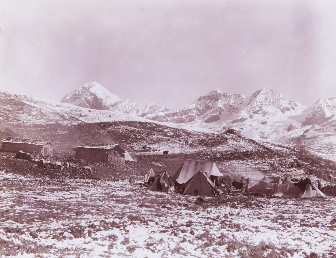 HIMALAYAS Camp & Village Jongri 1899 spectacular: 1. VITTORIO SELLA. Huts at Jongri, Source of Ranjit or Camp at Jongri ,1899, Sella number HS 142. 7.2x9.4" collodion print, printed 1901, mounted on 10x12" heavy brown board. Embossed with Vittorio Se