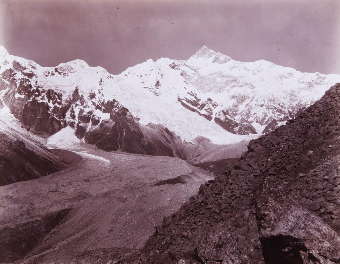 HIMALAYAS Kabru & Glacier 1899 spectacular: VITTORIO SELLA. HIMALAYAS Kabru from Ridge of Kabur, 1899, Sella number HS 166(1). 7.3x9.4" collodion print, printed 1901, mounted on 10x12" heavy brown board. Embossed with Vittorio Sella stamp in lo