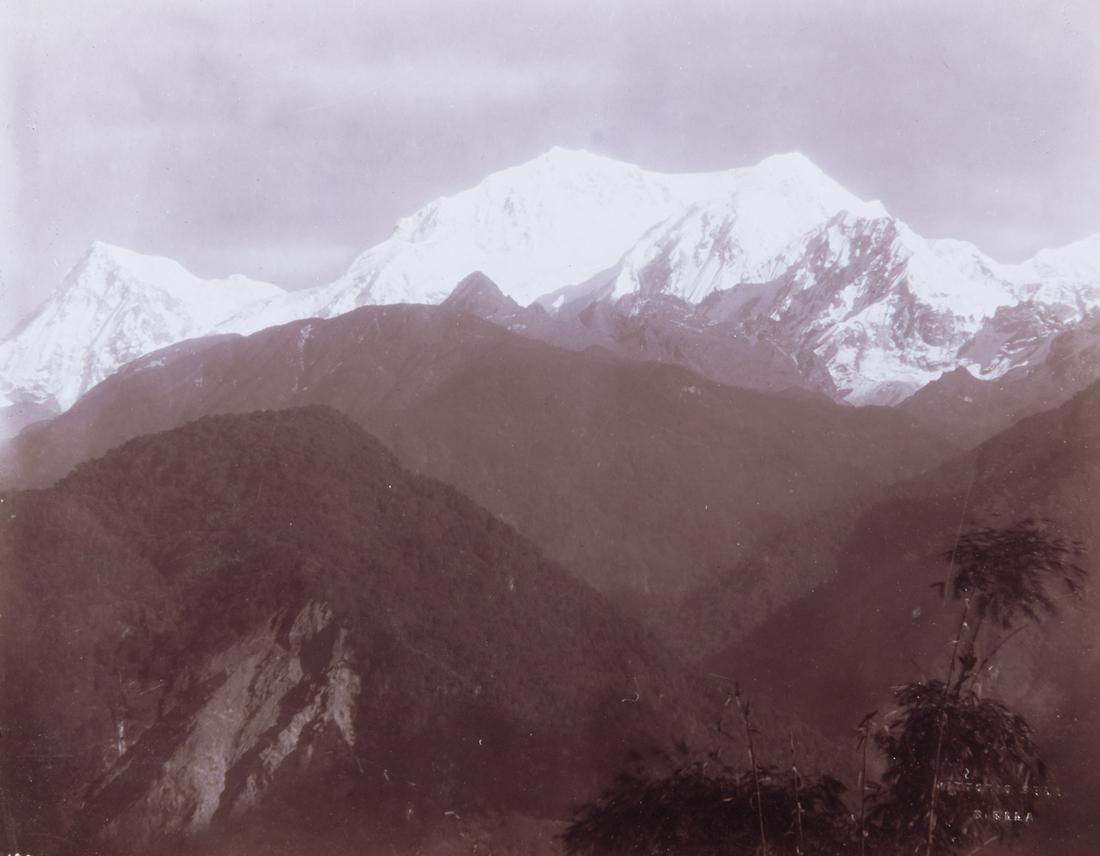 HIMALAYAS Kabru Telephotograph 1899: VITTORIO SELLA. Kabru (Telephotograph) Near Pamionchi, 1899, Sella number HS 183, 7.2x9.4" collodion print, printed 1901, mounted on 10x12" heavy brown board. Embossed with Vittorio Sella stamp in low