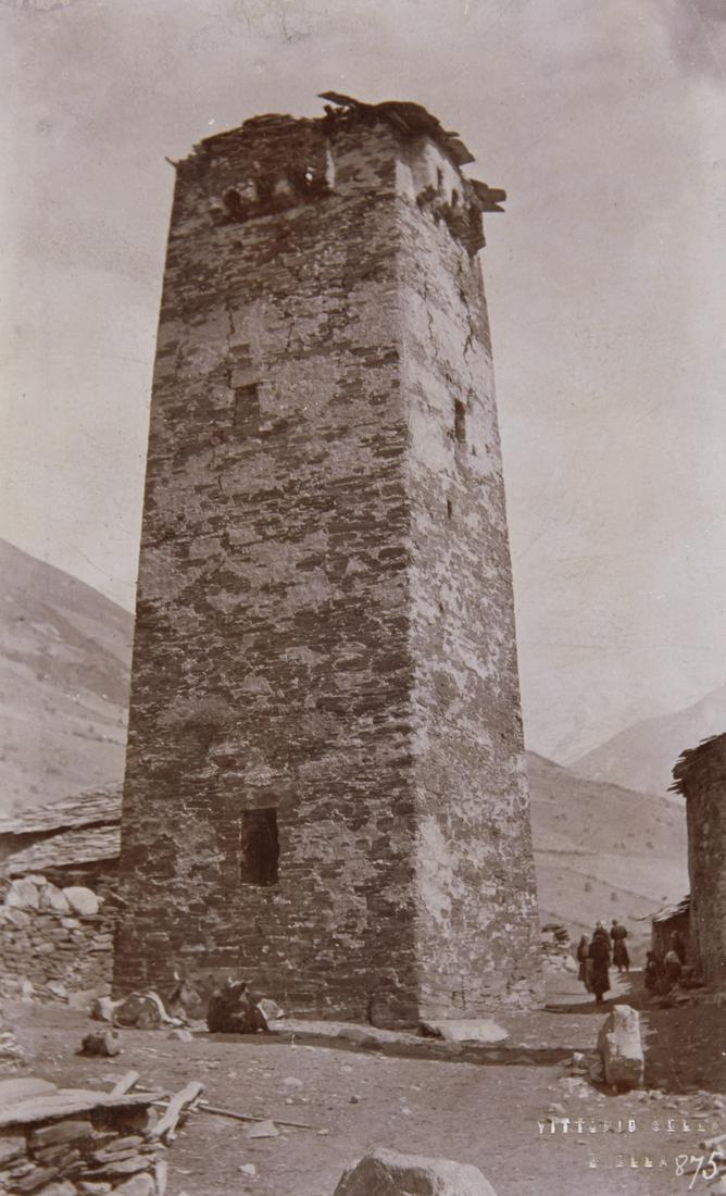3 VIEWS: Ushkul, Adish & Ushba: 1. VITTORIO SELLA. Southern Valleys (Ingur): A single tower of Ushkul [Ushkul/Svaneti Georgia], 1889-1890, Sella number CVI 875. 7.6x4.6" collodion print, printed 1892-1893, mounted on 11x8.1" heavy b