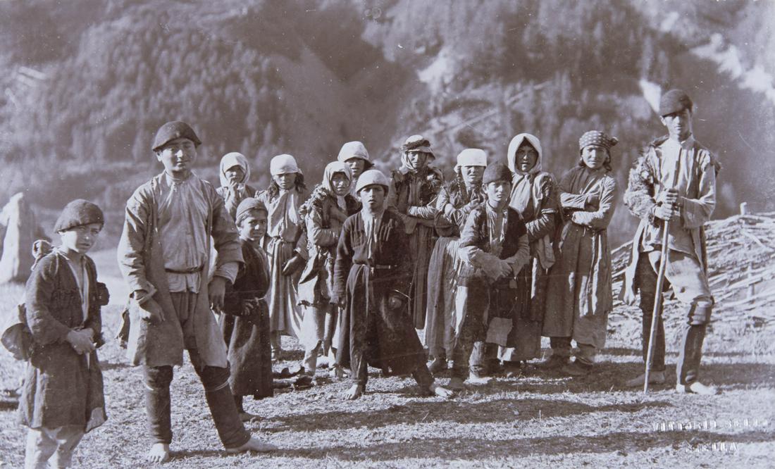CHILDREN OF MULACH Southern Valleys: VITTORIO SELLA. Southern Valleys (Ingur): Girls and Children of Mulach, 1889-1890, Sella number CVI 890. 4.6x7.6" collodion print, printed 1892-1893, mounted on 8.1x11" heavy brown board. Print recto 