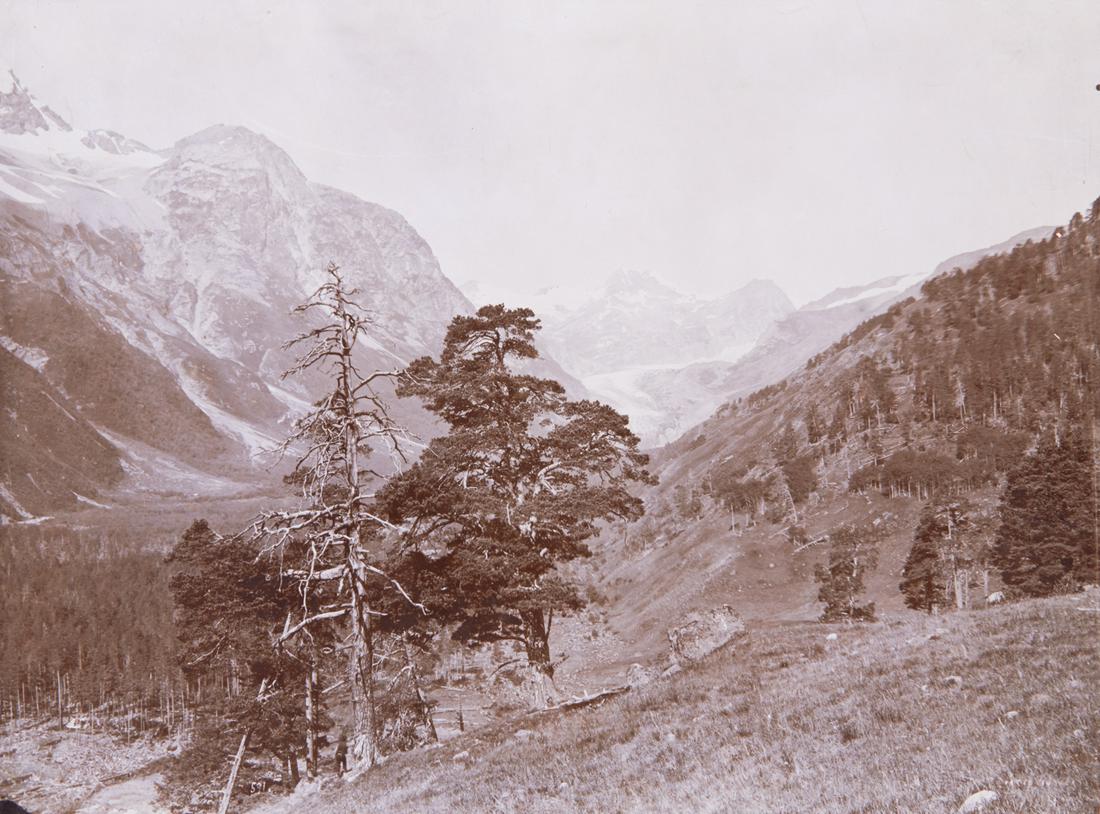 3 VIEWS ELBRUS & Glaciers low hills: 1. VITTORIO SELLA. Glen and Glacier of Azau, c. 1889-1890, Sella number CI 591. 11.1x14.8" collodion print, printed c. 1892-1893, mounted on 16x12 1/4" heavy brown board. Inscribed in ink on mount rec