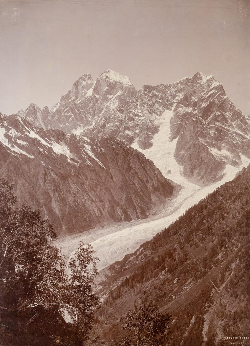 2 STUNNING Views of Ushba & Glaciers: 1. VITTORIO SELLA. Ushba, from 7,500 feet, on the Gvalda Glacier, c. 1889-1890, Sella number CII 763. 15.3x11.3" collodion print, printed c. 1892-1893, flush mounted on thin board, mounted on 13x16 1/