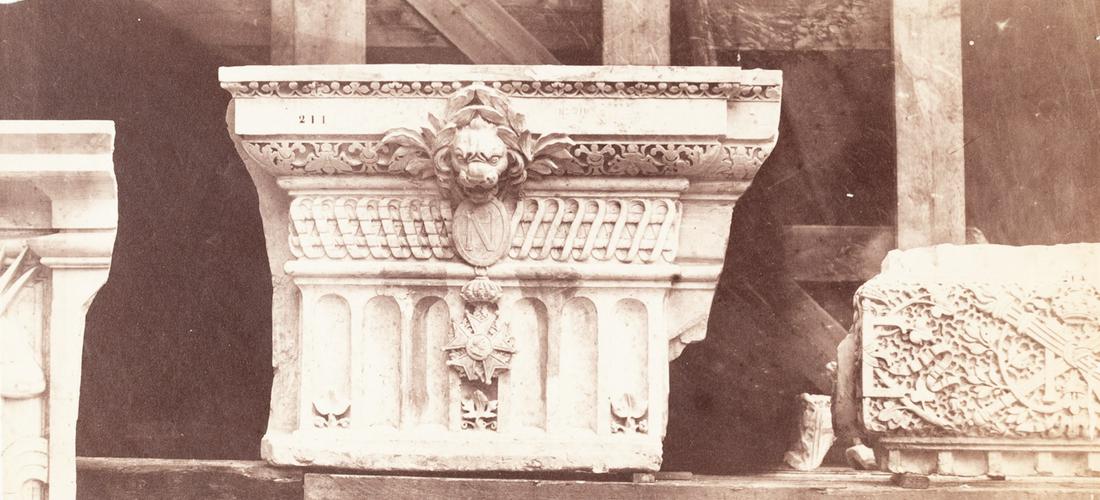 EDOURD BALDUS Louvre 1854 salted paper print: EDOUARD BALDUS. Model of a Capital for the New Louvre in Gypsum, 1854. 4x8.5" salted paper print. Printed 1854. Taken in the giant outdoor studio made for the construction of the new Louvre. After mod