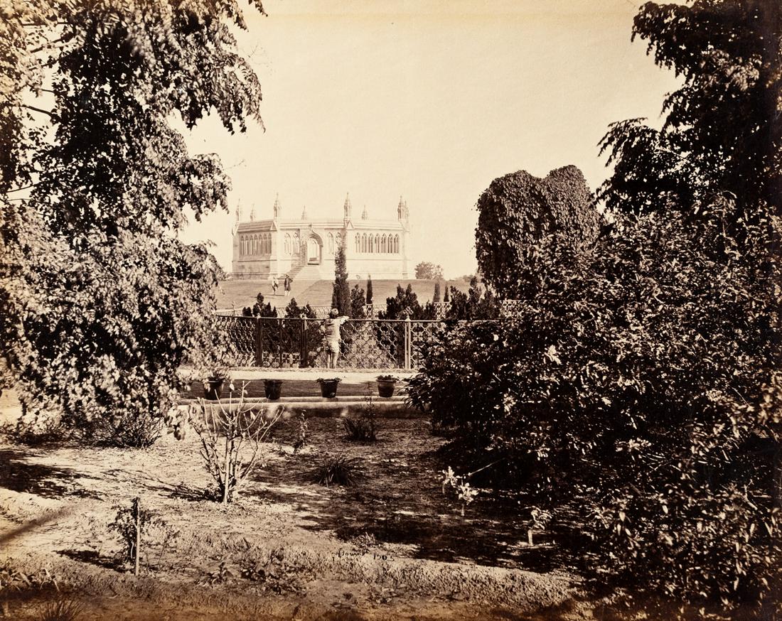 SAMUEL BOURNE CAWNPORE India 1860s stunning: SAMUEL BOURNE. Cawnpore (Kanpur), a View of the Memorial Place from the South, c. 1865-1866. 9.3x11.6" albumen print, mounted on 11.5x13" thin board. Printed c. 1865-1866. A strong print with a classi