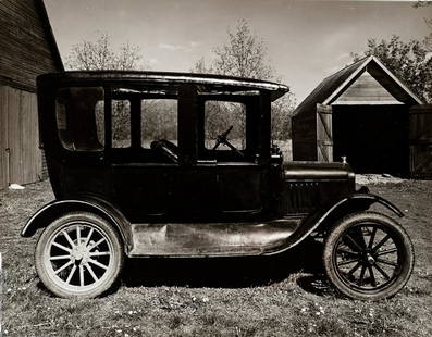 WRIGHT MORRIS Model T Ed's Place Calif 1947 Large: WRIGHT MORRIS. Model T with California Top, Ed's Place, Near Norfolk, Nebraska, 1947. 10.5x13.5" gelatin silver print on 10.9x13.9" paper. Printed c. 1970s. Signed in pencil on print verso. Rare