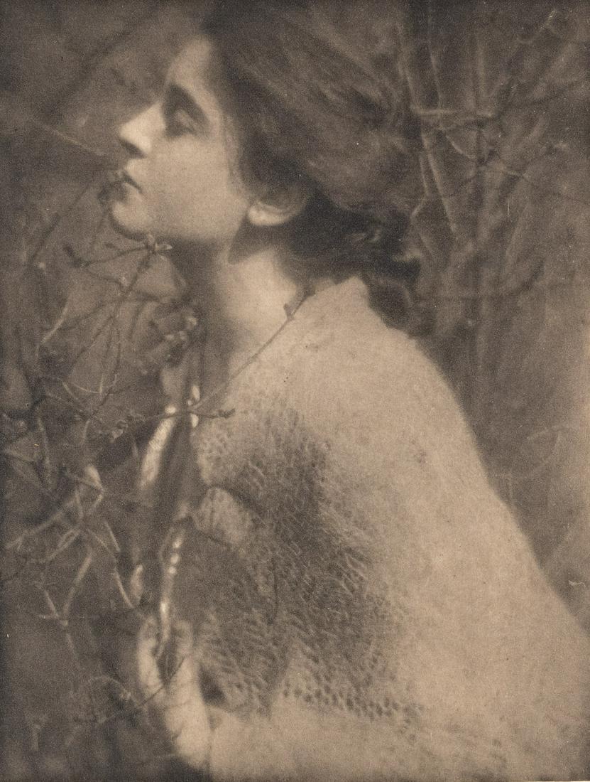 Gorgeous EDWARD STEICHEN Portrait 1909: EDWARD STEICHEN. Lilac Buds - Mrs. S, 1909. 8x6.4" photogravure on 11.9x8.5" handmade tissue paper. From Camera Work Issue 14, April 1906. Printed c. 1909. Inscribed in pencil on mount verso: H3855/SP