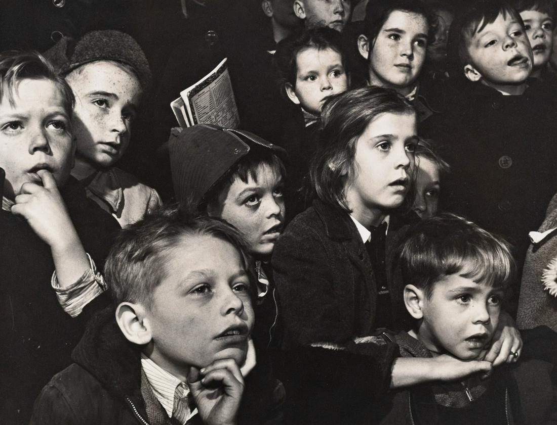 MORRIS ENGEL Central Park Puppet Show 1946: MORRIS ENGEL. Park Puppet Show, New York City, 1946. 10.3x13.4" gelatin silver print, mounted on 10.3x13.4" board with blue verso. Printed c. 1950s. Signed in black ink on mount verso; signed and insc