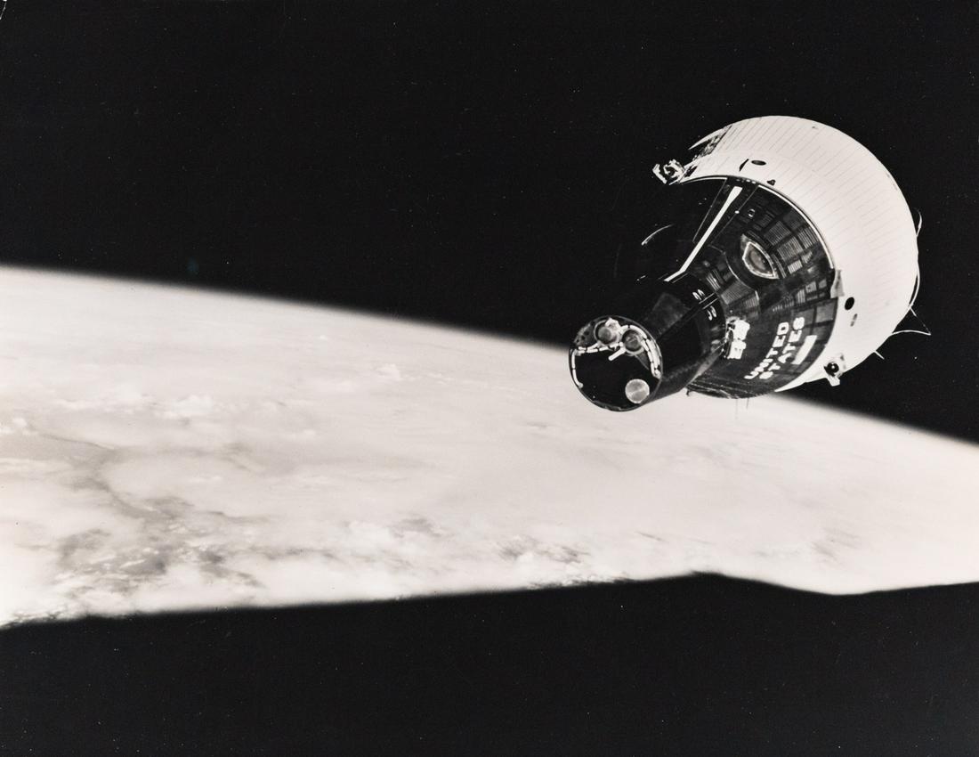 NASA First Space Rendezvous of Spacecraft 1965: NASA. First Rendezvous of Spaceships, Gemini 7 and Gemini 6, 1965. 9.1x11.7" gelatin silver print. Printed c. 1965. Inscribed in pencil on print verso: #74586 / Credit NASA; Space - Satellites - Amer 