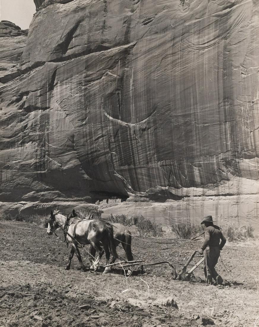 JOHN COLLIER FSA Farmer White House Ruins 1940: JOHN COLLIER. Untitled (Navajo Farmer, White House Ruins, Canyon De Chelly AZ), c. 1935-1942. 9.8x7.8" gelatin silver print. Printed c. 1935-1942. Signed in pencil on print verso. John Collier, Jr. (1