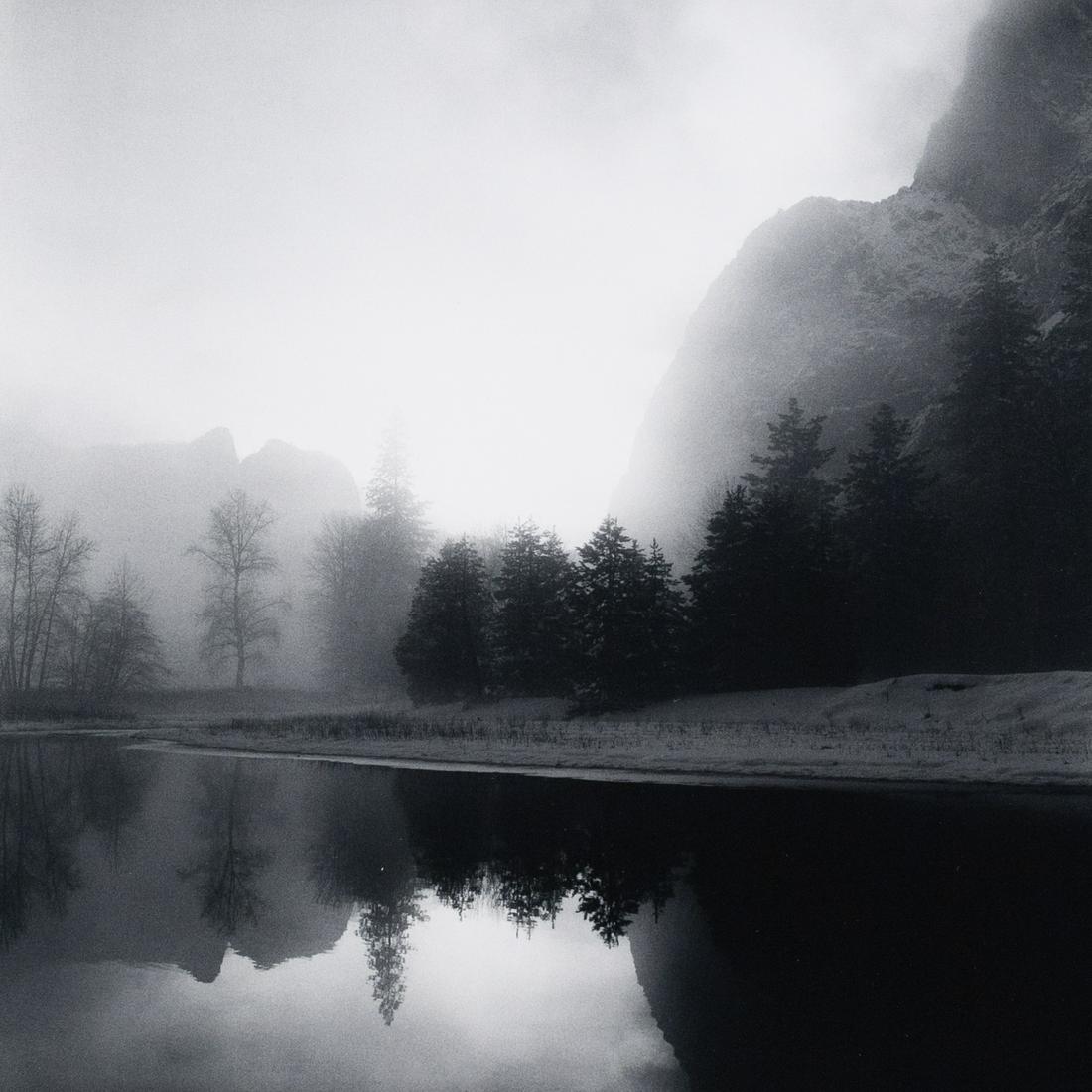 JEFFREY CONLEY Atmospheric Yosemite 1992: JEFFREY CONLEY. Merced River and Lower Brother, Yosemite., 1992. 10.6x10.6" gelatin silver print, mounted on 24x20" window mat. Printed 2002. Signed and numbered in pencil on mount recto: 20/65. Print
