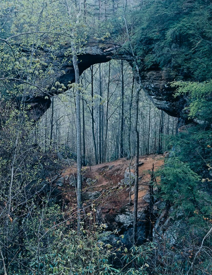 ELIOT PORTER Gray's Arch Red River Gorge KY 1968: ELIOT PORTER. Gray's Arch, Red River Gorge, Kentucky, 1968. 15.7x12.1" dye transfer print, mounted on 24x20" board. Printed c. 1989. Signed in pencil on mount recto. Inscribed in pencil on mount verso