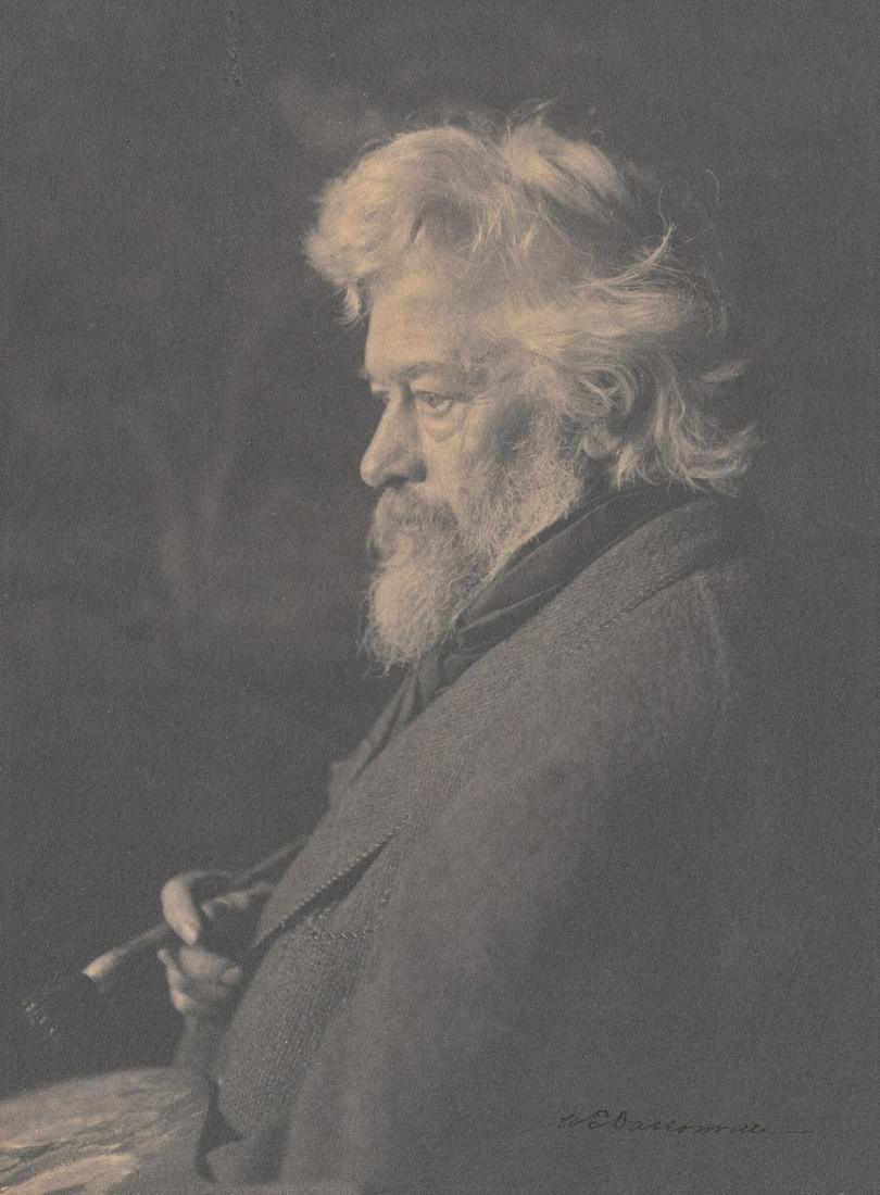 WILLIAM DASSONVILLE Painter William Keith 1904: WILLIAM DASSONVILLE. Portrait of William Keith, c. 1904. 7.8x5.8" platinum print, mounted on 8.3x6.3" paper, mounted on 10.5x8.5". Printed c. 1904. Signed in black ink on print recto. Sold for the ben