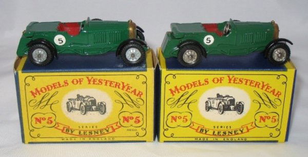 2 x Matchbox Yesteryear Y5-1 Le Mans Bentley - 4 & 7: Matchbox Yesteryear 2x Y5-1 Le Mans Bentley - (1) Issue 4, Green body, green hood and grille, gold radiator shell, No5. Near mint in an excellent A box. (2) Issue 7, as issue 4 but with rivited axles.