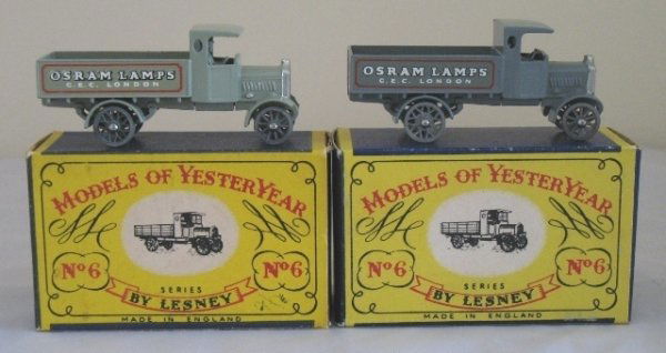 2x Matchbox Yesteryear Y6-1 AEC Y type Lorry: 2x Matchbox Yesteryear Y6-1 AEC Y type Lorry – (1) Issue 3, Light grey body, crimped axles, silver radiator shell, mint in an excellent A box. (2) Issue 6, Dark grey body, rivited axles, silver radi