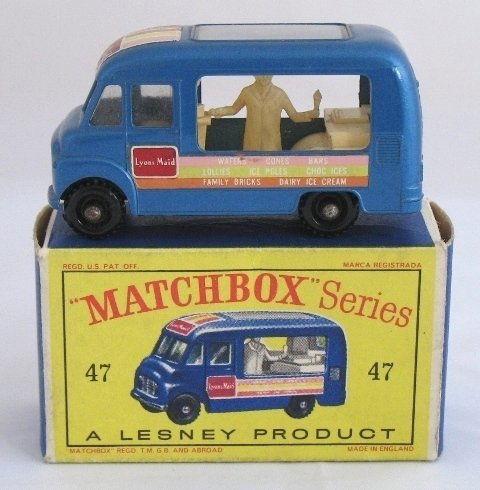 Matchbox Regular Wheel 47b Ice Cream METALLIC BLUE: Matchbox Regular Wheel 47b Ice Cream Shop. Metallic blue body, cream interior, BPW. Model is very near mint, 1 tiny nick. Decals near perfect. Box is excellent with some creasing.