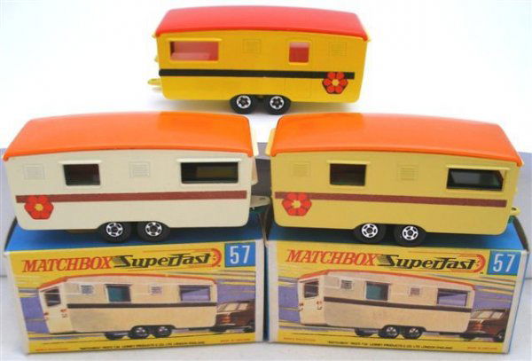 3x Matchbox Superfast Eccles Caravans variations: 3x Matchbox Superfast Eccles Caravans (1) CREAM body, orange roof, green interior, brown stripe & flower label, very near mint in a near mint box (2) as 1 but with rare LIGHT YELLOW body, mint in a ne